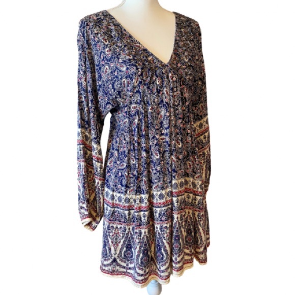 NWT En Créme Boho Peasant Dress | Navy Paisley Design + Beaded V-Neck (S) - Picture 7 of 14